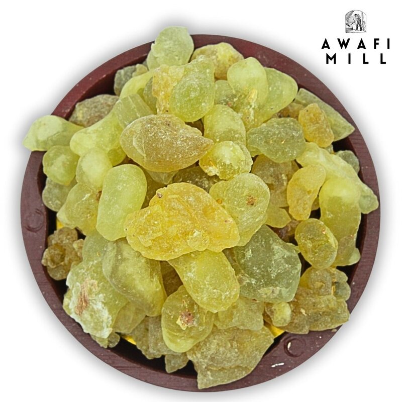 AWAFI MILL Frankincense Oman Green Hojari - Hand Sorted  Bulk Harvest - Beautiful Green Hue  Mild & Long-Lasting Aroma with Charcoal Tablet (Pack of 120 Gram Jute Bag with 20 Charcoal Piece)