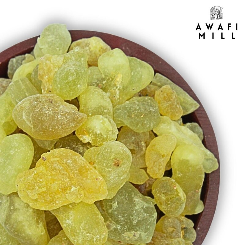 AWAFI MILL Frankincense Oman Green Hojari - Hand Sorted  Bulk Harvest - Beautiful Green Hue  Mild & Long-Lasting Aroma with Charcoal Tablet (Pack of 120 Gram Jute Bag with 20 Charcoal Piece)