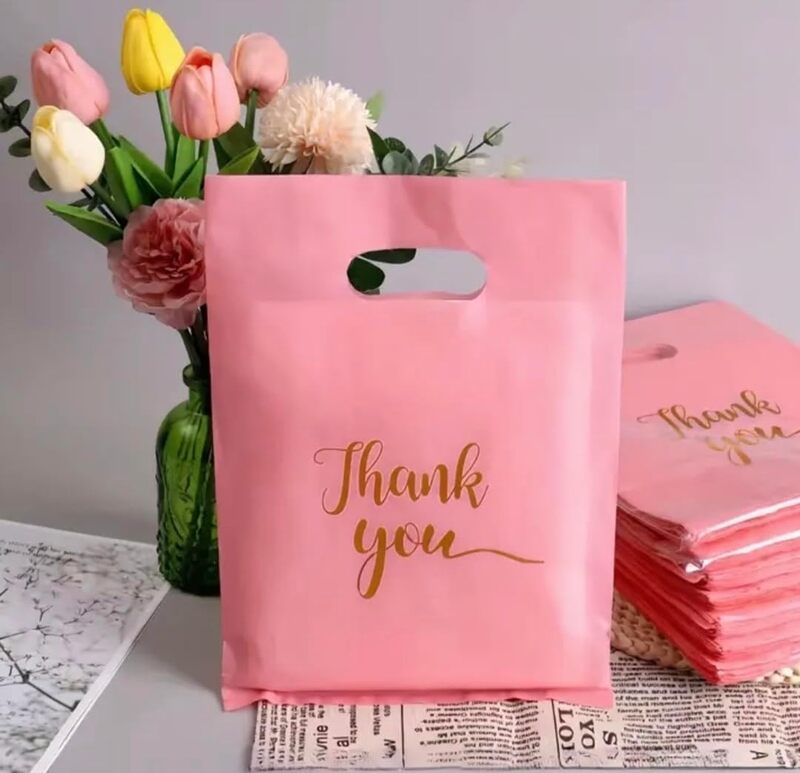 10 pcs Small Pink Gold "Thank You" Gift Bags for Guests, Goodie Favor Bags, Candy Treat Bags for Parties, Birthdays, Bridal Shower, Wedding, Anniversary Event Decoration 15x20cm