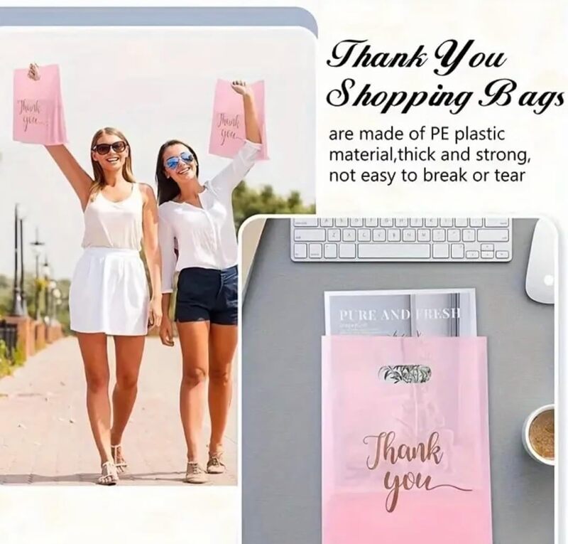 10 pcs Small Pink Gold "Thank You" Gift Bags for Guests, Goodie Favor Bags, Candy Treat Bags for Parties, Birthdays, Bridal Shower, Wedding, Anniversary Event Decoration 15x20cm