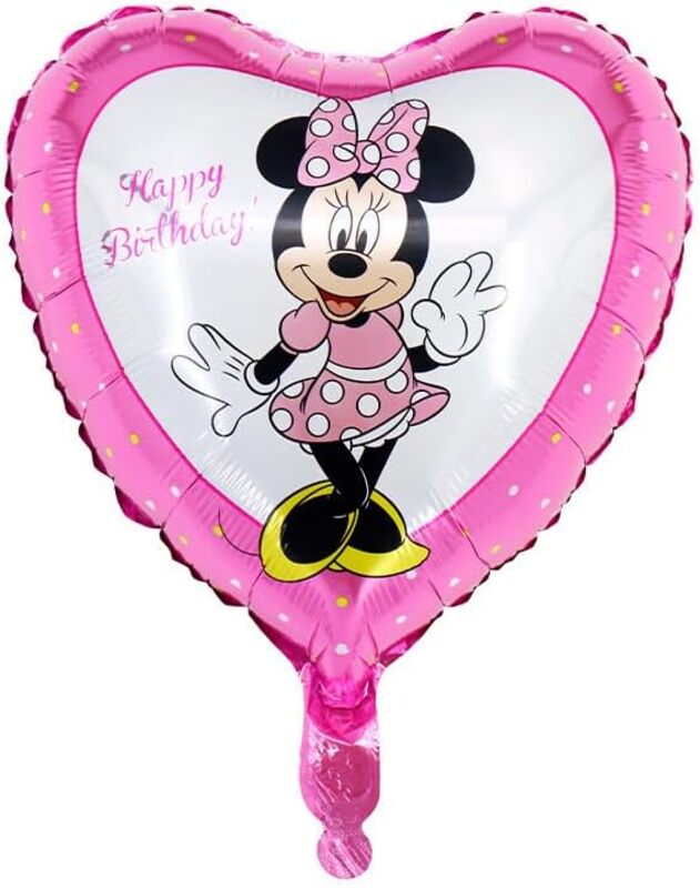 Pink Happy Birthday Minn-ie Mouse Heart Balloon, 18 inches, Cute Party Babyshower Gender Reveal Supplies Themed Decoration Girls New Born Kids Baby Princess Cartoon Character Childs Birthday Gift