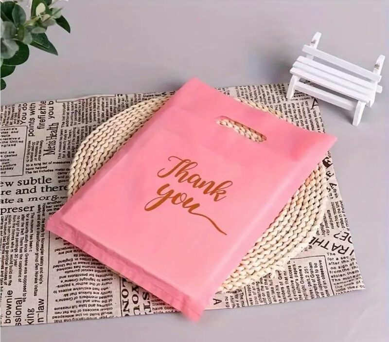 10 pcs Small Pink Gold "Thank You" Gift Bags for Guests, Goodie Favor Bags, Candy Treat Bags for Parties, Birthdays, Bridal Shower, Wedding, Anniversary Event Decoration 15x20cm