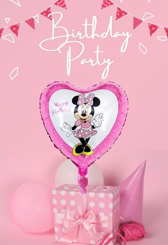 Pink Happy Birthday Minn-ie Mouse Heart Balloon, 18 inches, Cute Party Babyshower Gender Reveal Supplies Themed Decoration Girls New Born Kids Baby Princess Cartoon Character Childs Birthday Gift