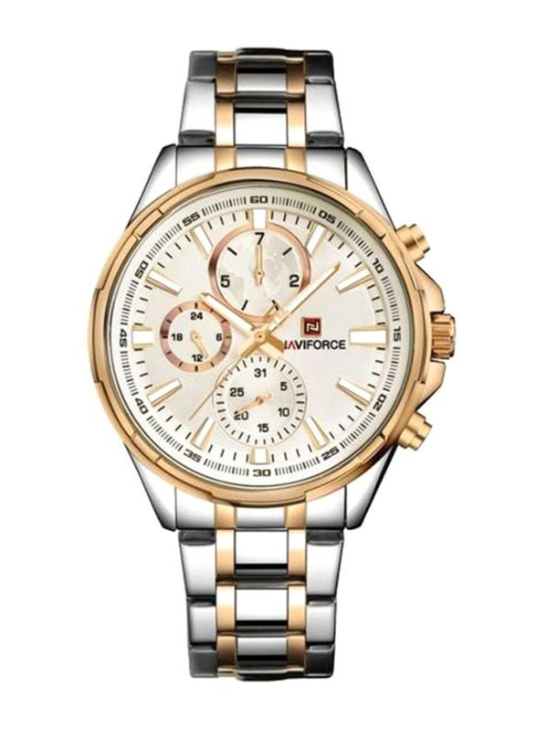 Naviforce Analog Watch for Men with Stainless Steel Band, Water Resistant and Chronograph, NF9089, Silver/Gold-White/Gold