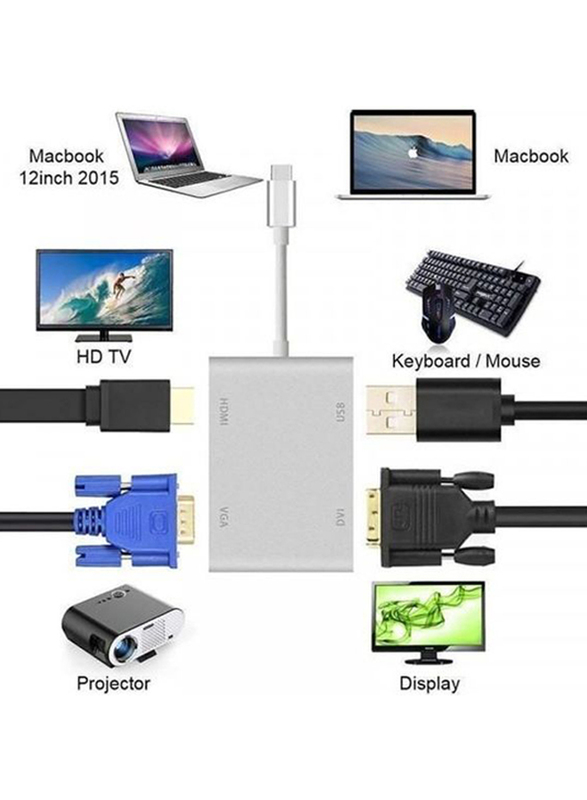 4 in 1 Type C to HDMI VGA DVI Adapter with USB2.0 Hub, White