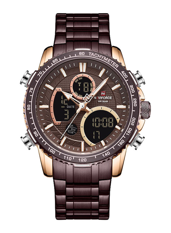 

Naviforce Analog + Digital Watch for Men with Stainless Steel Band, Water Resistant & Chronograph, NF9182 RG/CE, Coffee