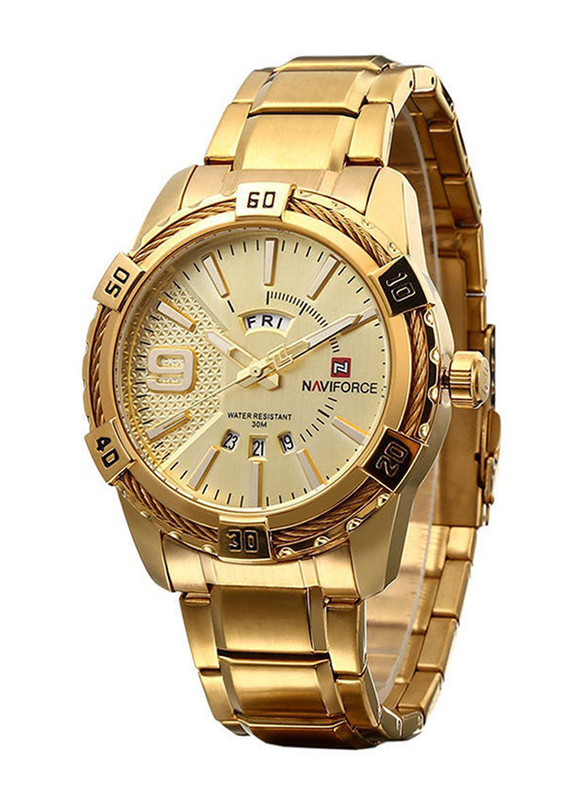 Naviforce Analog Watch for Men with Stainless Steel Band, Water Resistant, 9117, Gold