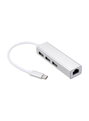 USB-C 3 Port Hub Fast Ethernet Adapter RJ45 Network Card for Macbook, Silver