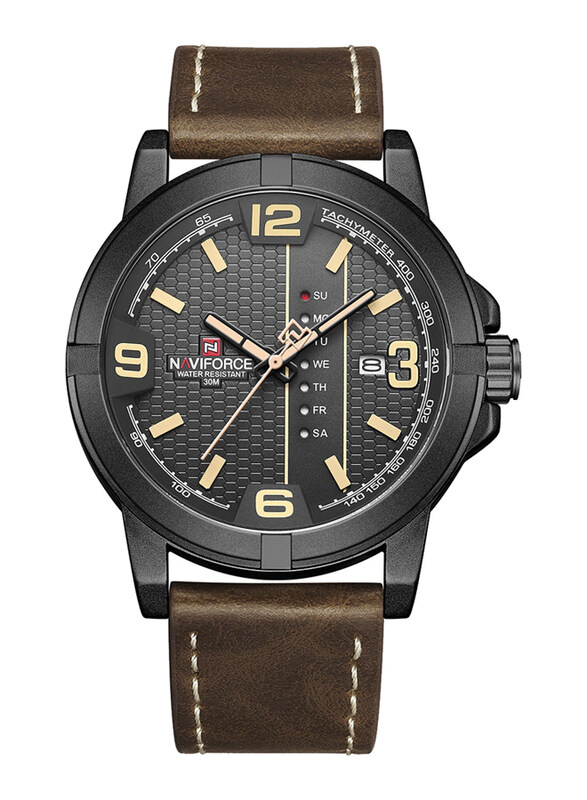 

Naviforce Analog + Digital Watch for Men with Leather Band, Water Resistant, NF9177 B/Y/D.BN, Black-Dark Brown