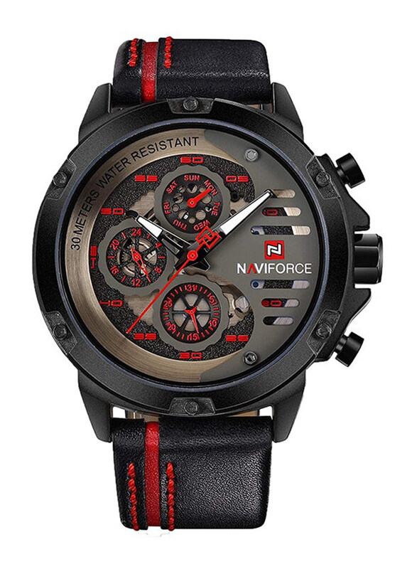 

Naviforce Analog Watch for Men with Leather Band, Water Resistant & Chronograph, 9110, Grey-Black