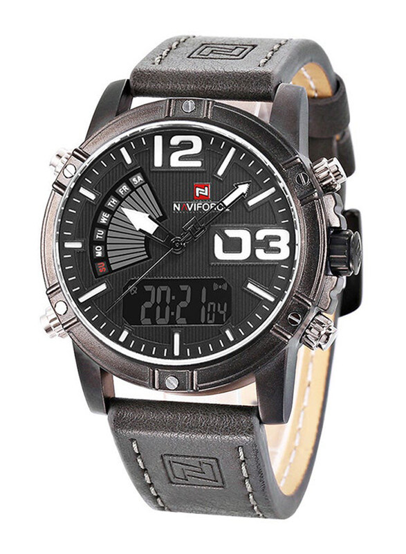 

Naviforce Analog + Digital Wrist Watch for Men with Leather Band, Water Resistant, NF9095M, Grey-Black