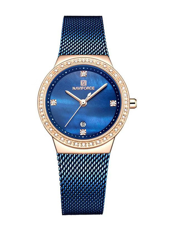 Naviforce Analog Watch for Women with Stainless Steel Band, NF5005, Blue-Rose Gold