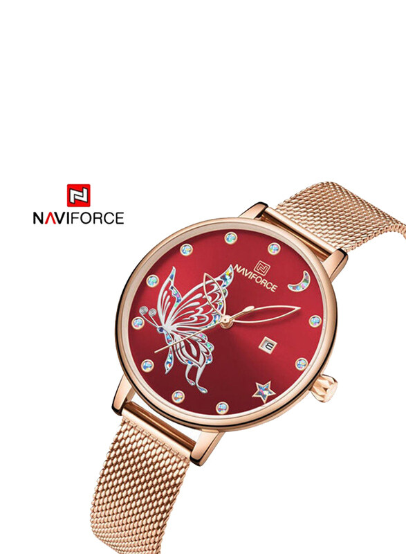 

Naviforce Analog Watch for Women with Stainless Steel Band, Water Resistant, Nf5011Lg, Rose Gold-Red