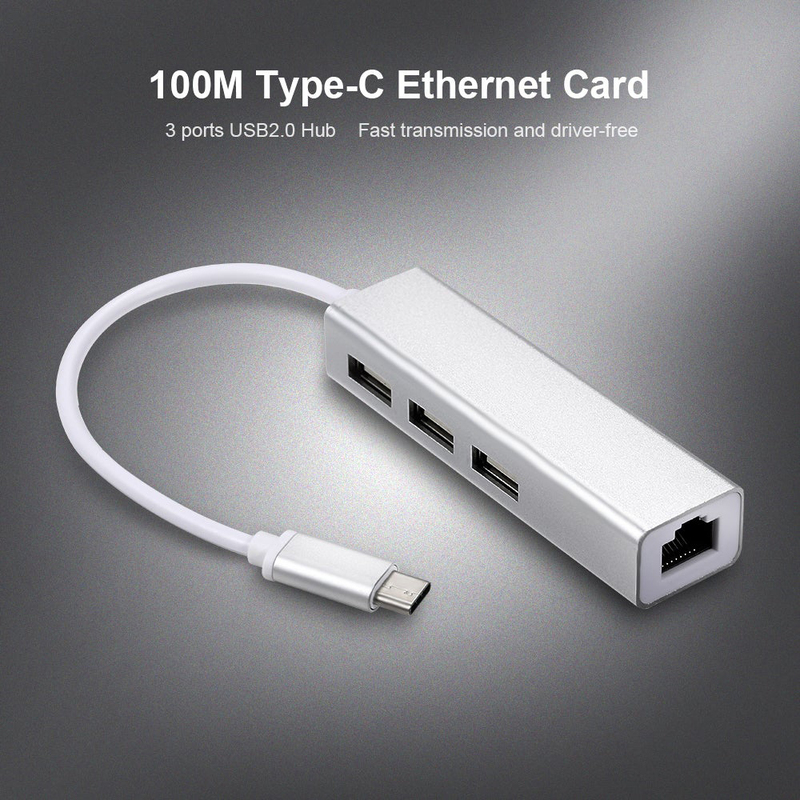 USB-C 3 Port Hub Fast Ethernet Adapter RJ45 Network Card for Macbook, Silver