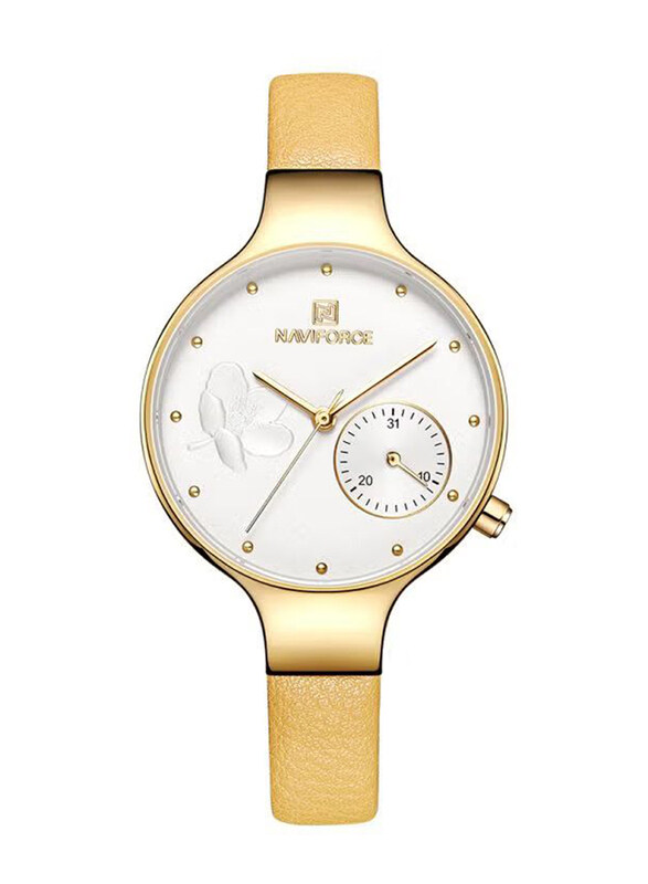 

Naviforce Analog Watch for Women with Leather Band, Water Resistant, NF5001, Gold-White