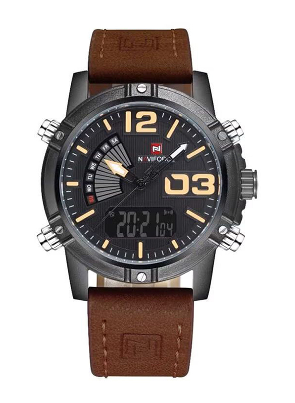 Naviforce Analog + Digital Watch for Men with Leather Band, Water Resistant, NF9095M, Brown-Black