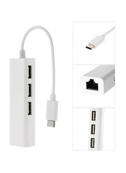 USB 3.1 Type C to 3 Ports USB 2.0 Hub with Ethernet Network Lan Adapter for Home Office, White