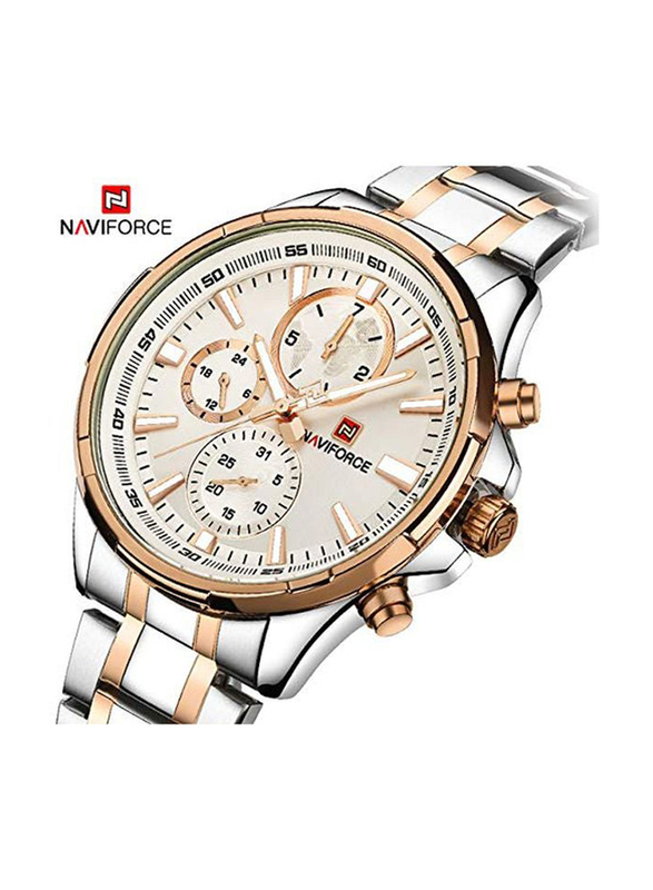 Naviforce Analog Watch for Men with Stainless Steel Band, Water Resistant and Chronograph, NF9089, Silver/Gold-White/Gold