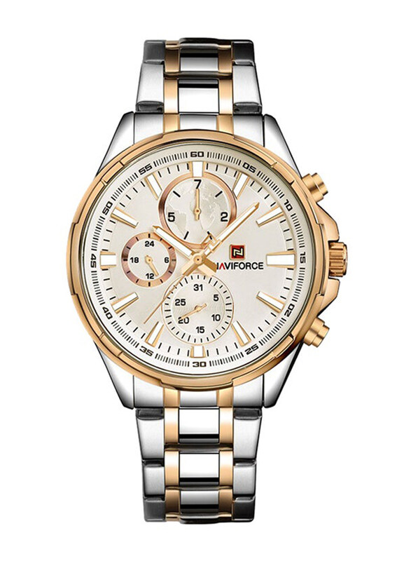 

Naviforce Analog Watch for Men with Stainless Steel Band, Water Resistant and Chronograph, NF9089-SG, Silver/Gold-White/Gold