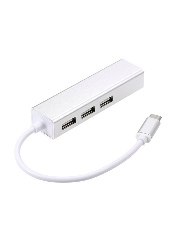 USB-C 3 Port Hub Fast Ethernet Adapter RJ45 Network Card for Macbook, Silver