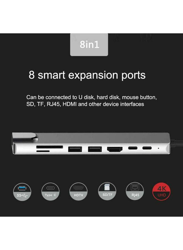 8-in-1 USB-C to Type-C 3 USB 3.0 Hub HDMI RJ45 Ethernet Micro SDTF OTG Adapter, Grey