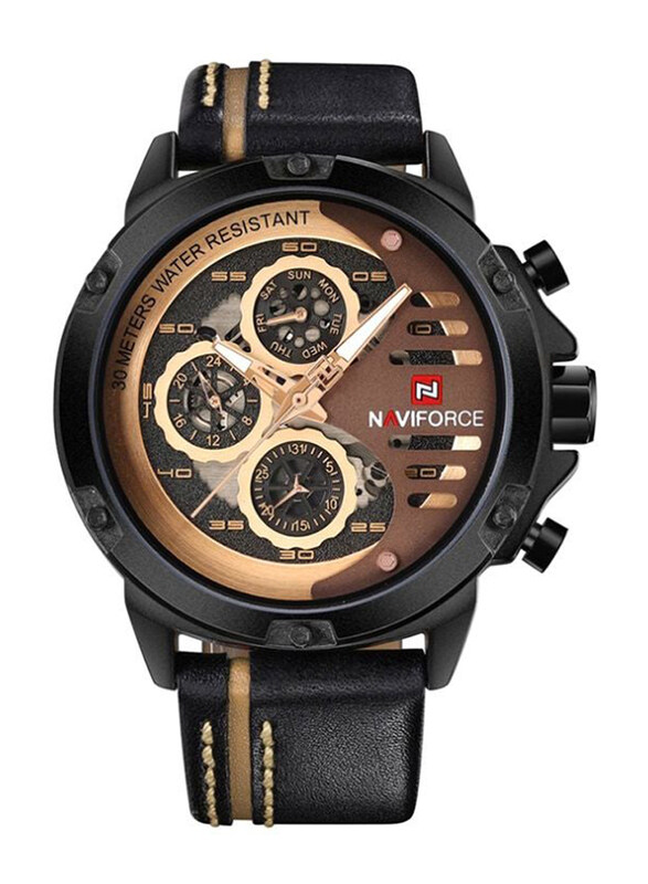 

Naviforce Analog Watch for Men with Leather Band, 9110, Black-Brown