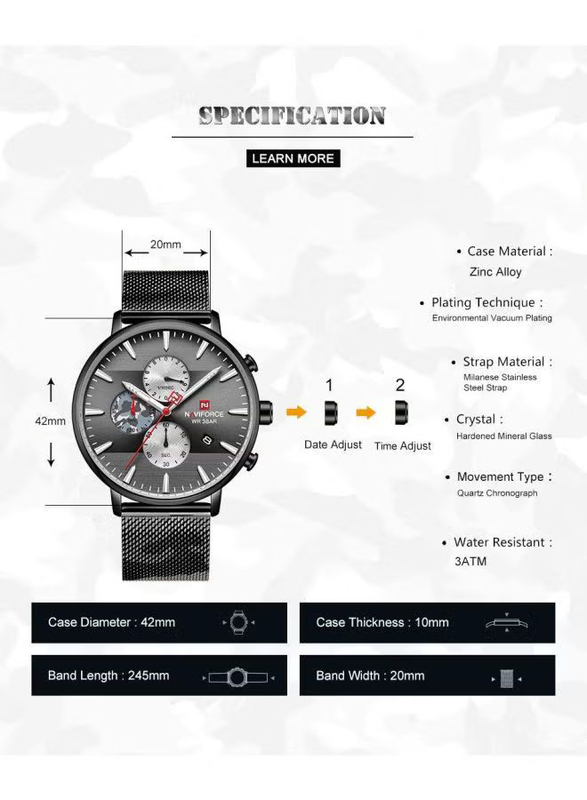 Naviforce Analog Watch for Men with Stainless Steel Band, Water Resistant and Chronograph, NF9169, Black-Black