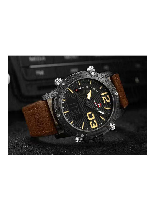 Naviforce Analog + Digital Watch for Men with Leather Band, Water Resistant, NF9095M, Brown-Black