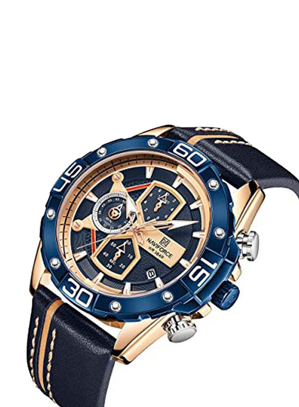 

Naviforce Analog Watch for Men with Leather Band, Water Resistant & Chronograph, NF8018, Blue/Gold-Navy Blue