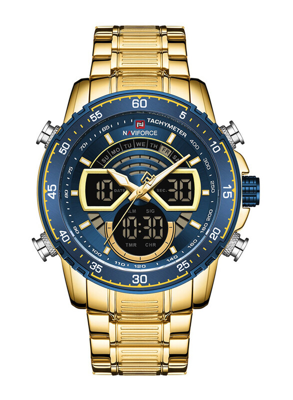 

Naviforce Analog + Digital Wrist Watch for Men with Stainless Steel Band, NF9189 G/BE, Gold-Gold/Blue