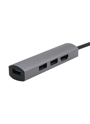 USB 2.0 to Type C 3-Port USB Hub with RJ45 Ethernet Port Adapter, Grey/Black