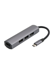 USB 2.0 to Type C 3-Port USB Hub with RJ45 Ethernet Port Adapter, Grey/Black