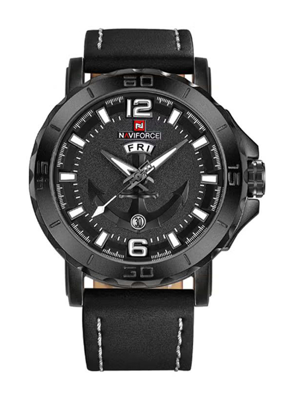 

Naviforce Analog Watch for Men with Leather Band, J2564WB-KM, Black-Black