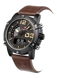 Naviforce Analog + Digital Watch for Men with Leather Band, Water Resistant, NF9095M, Brown-Black