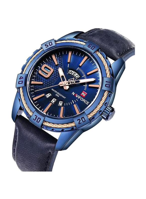 Naviforce Analog Watch for Men with Leather Band, Water Resistant, NF9117, Blue-Blue