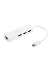 USB 3.1 Type C to 3 Ports USB 2.0 Hub with Ethernet Network Lan Adapter for Home Office, White