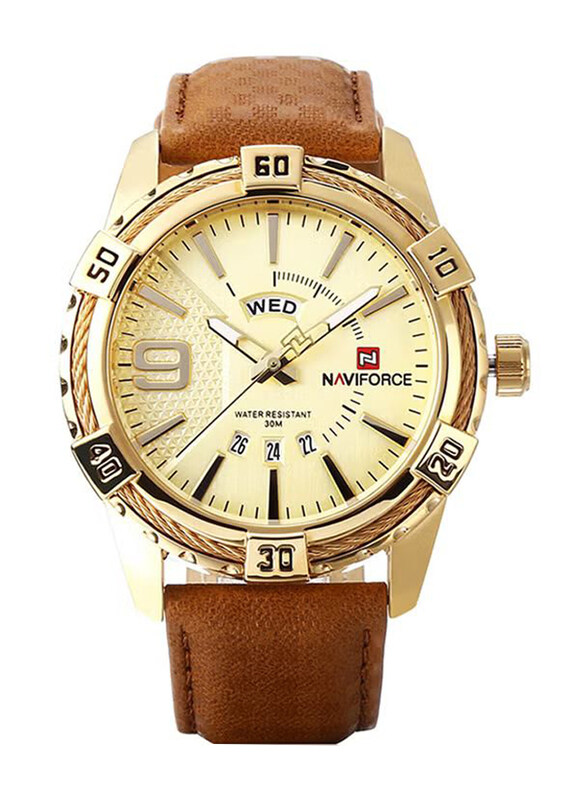 

Naviforce Analog Watch for Men with Leather Band, Water Resistant, 9177L, Brown-Yellow