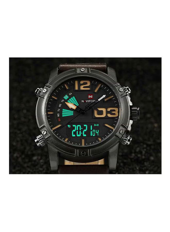 Naviforce Analog + Digital Watch for Men with Leather Band, Water Resistant, NF9095M, Brown-Black