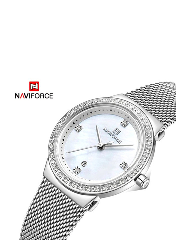 Naviforce Analog Watch for Women with Metal Band, Water Resistant, NF5005 S/W, Silver-White