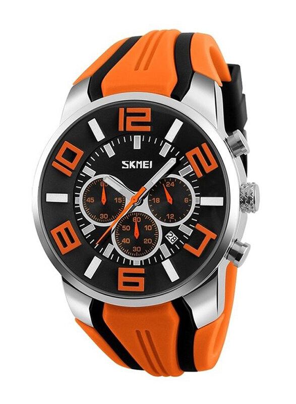 

SKMEI Analog Watch for Men with Silicone Band, Water Resistant and Chronograph, WA6018E, Black/Orange-Black