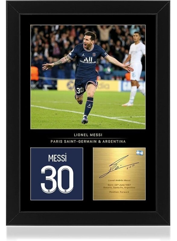 

Home Trove Messi Signed A4 Framed Photo Display - Reproduced Digital Signature - Gift For PSG Fans