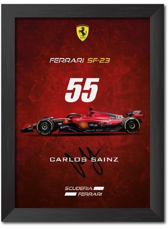 

Home Trove Carlos Sainz Poster Frame Ferrari SF 23 F1 Racing Car Formula One Photo Framed Painting with Matt Finish Black Texture (12 inches x 9 inche