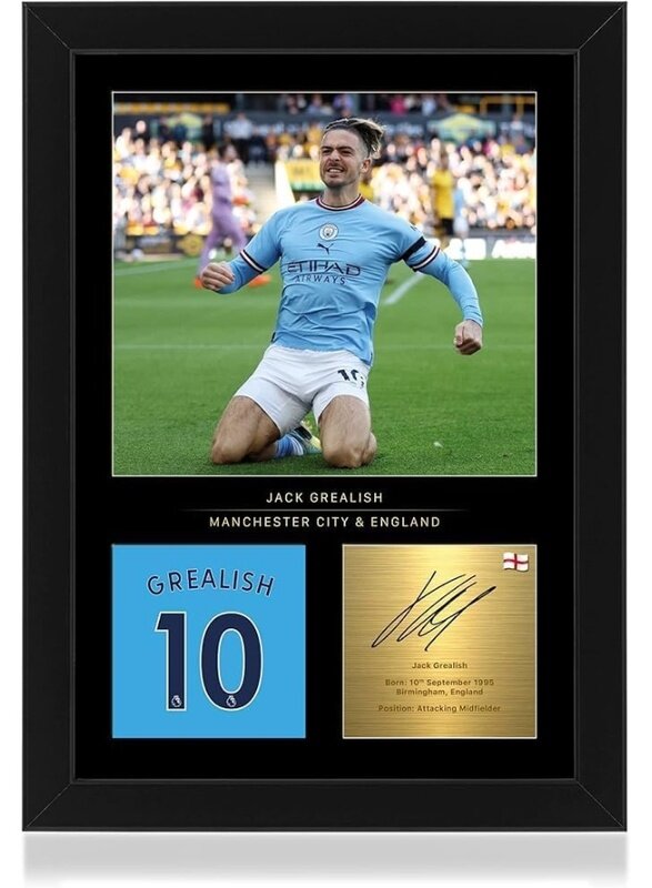 

Home Trove Jack Grealish Signed A4 Framed Photo Display - Reproduced Digital Signature - Gift For Manchester City Fans