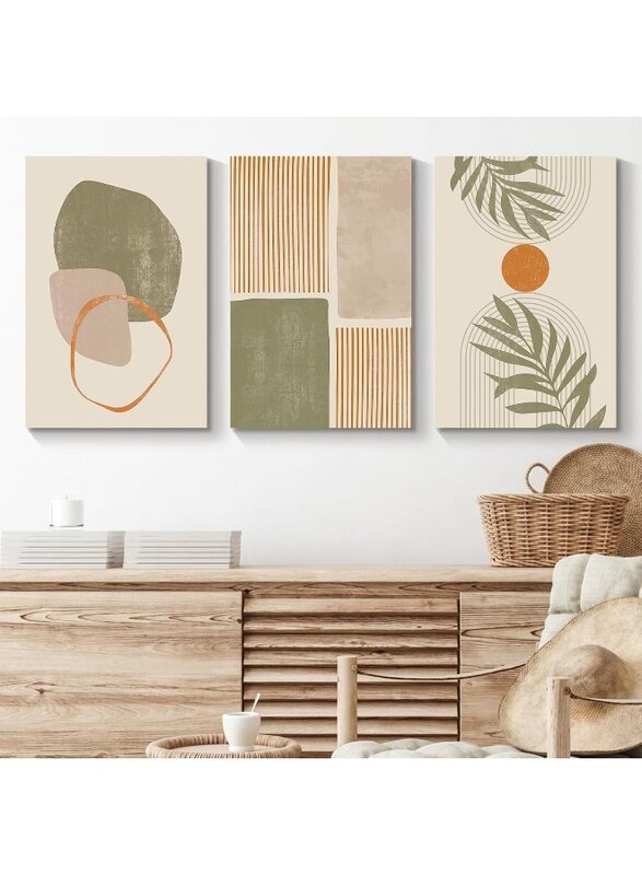 

Home Trove Canvas Prints Wall Art Set of 3, Mid-Century Modern Wall Decor, Abstract Green Geometric Line Neutral Illustrations Framed Bohemian Artwork