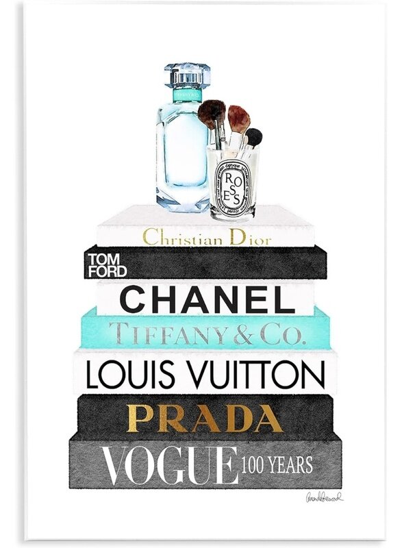 

Home Trove Book Stack Perfume Brushes Glam Fashion Watercolor, 12.5 x 18.5, Wall Plaque
