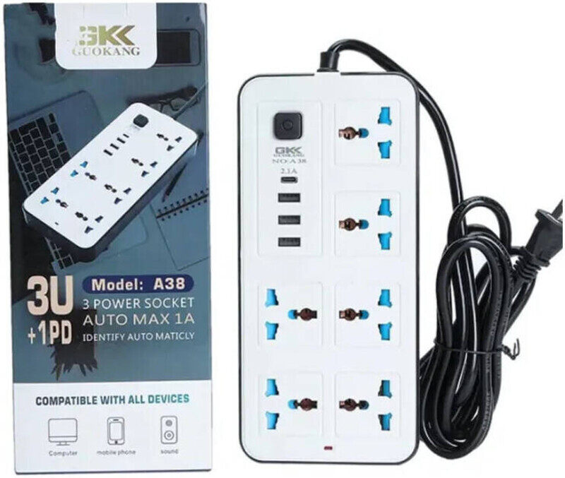 GKK 2M Multipurpose Extension Socket with 6 Surge Protected Socket 2000W, 3 Type A Ports and 1 PD Port