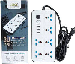 GKK 2M Multipurpose Extension Socket with 6 Surge Protected Socket 2000W, 3 Type A Ports and 1 PD Port