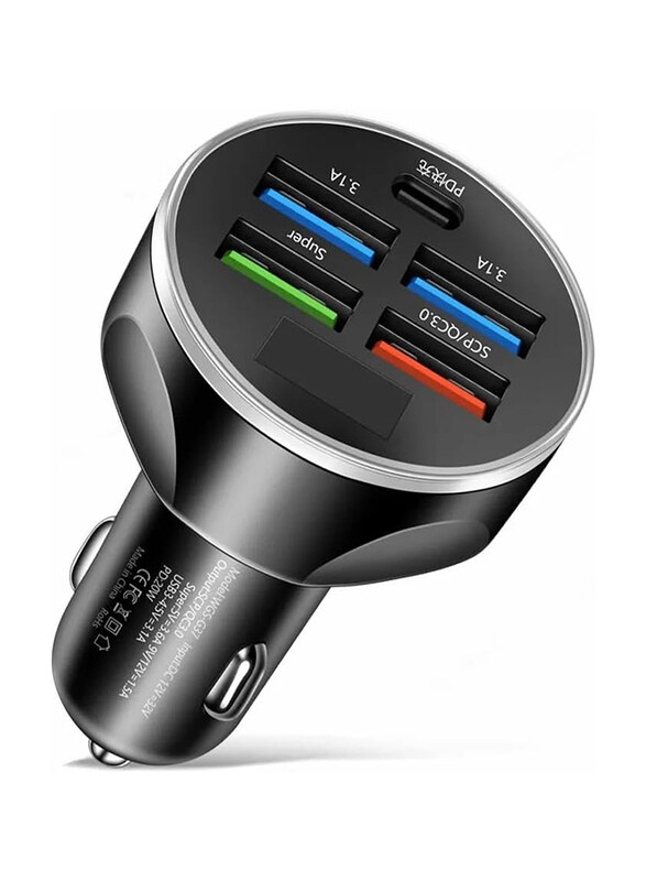 

Generic 5-Port Super-Fast PD QC 3.0 USB and Type-C Car Charger, 250W, Black