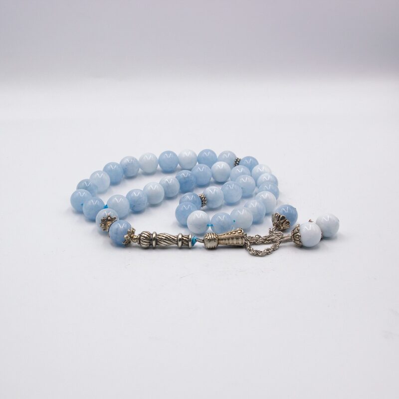 Natural Aquamarine Crystal Tasbih Prayer Beads (10mm-33 Beads), Light Blue