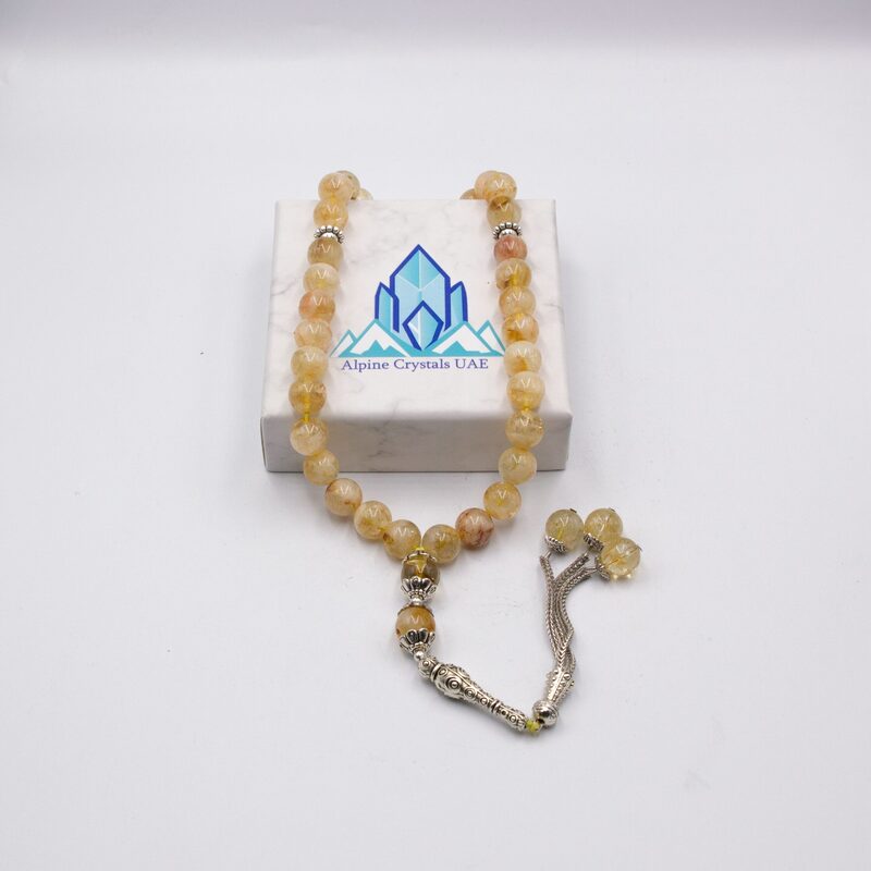 Natural Citrine Crystal Tasbih Prayer Beads (10mm-33 Beads), Orange